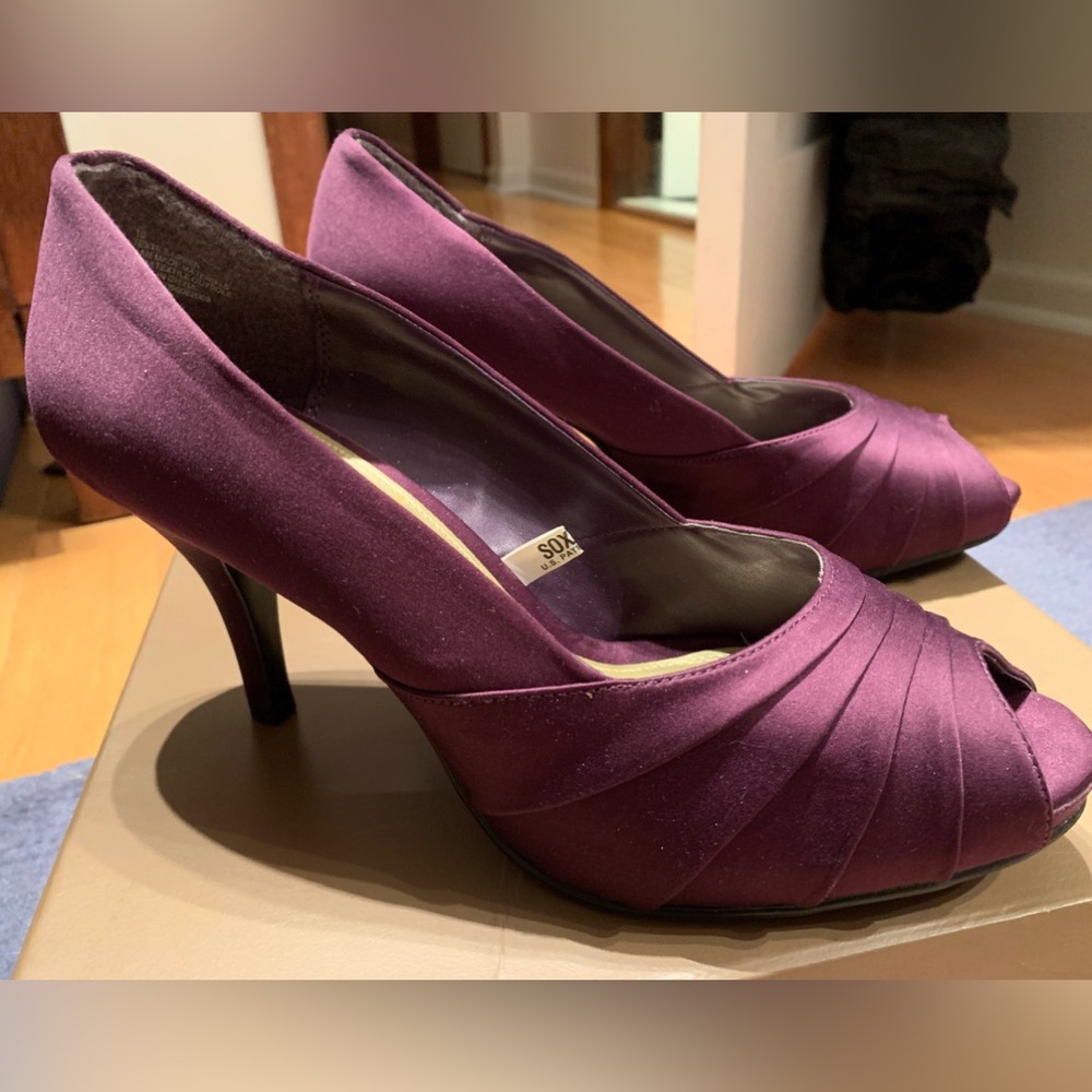 Purple satin Peep-Toe Heels, practically new size 10